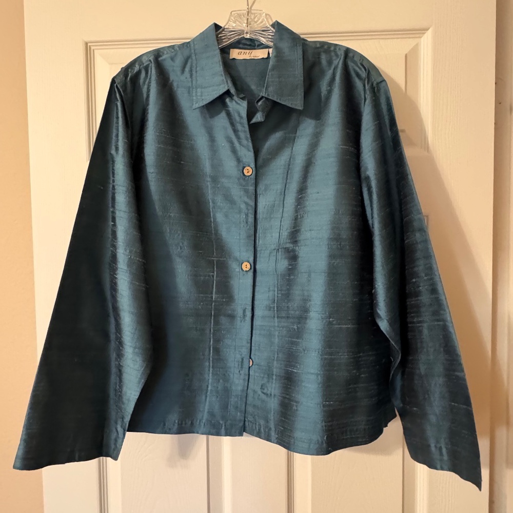 Anii By Natural Vintage - Turquoise Long-Sleeve Button Top - 100% Pure Silk - XL
